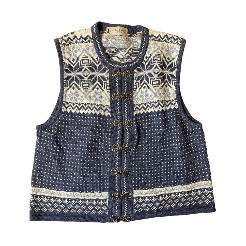 Marsh Landing Womens Vest Fair Isle Blue Size M Crew Neck Nordic Ski Knit‎